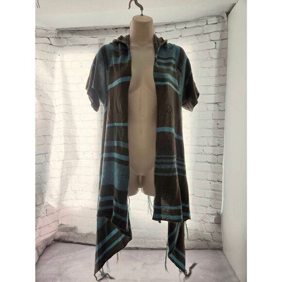 Bamboo Traders Women's Size Large Grey/Blue Striped Open Hooded Sweater - Picture 1 of 7